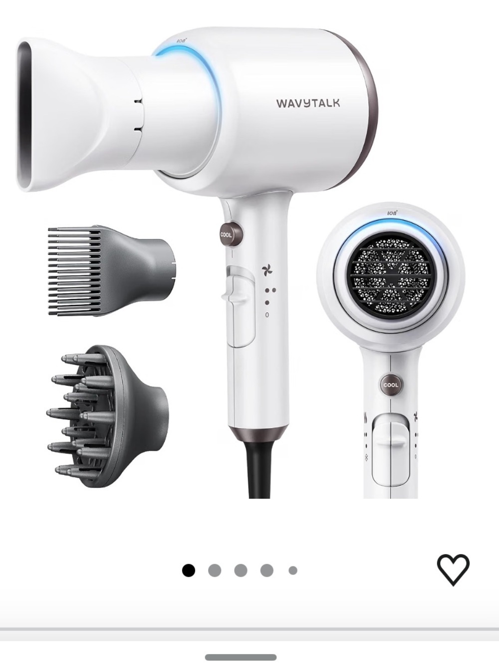 WAVYTALK White Ionic Hair Dryer with Diffuser & Attachments